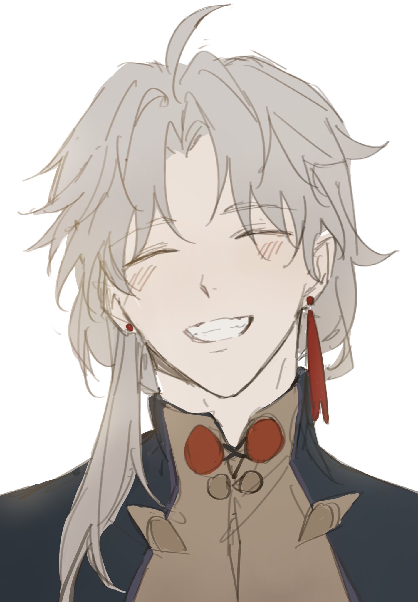 this is a digital illustration of a young anime character. the character is a male with long white hair and a cheerful expression. his eyes are closed, and his mouth is slightly open, revealing a row of white teeth. he has a faint blush on his cheeks and a mischievous look in his eyes. he's wearing a dark blue jacket with a brown shirt underneath and a red collar.  he has a red earring hanging from his left ear. the illustration is drawn in a simple style with soft lines and colors.