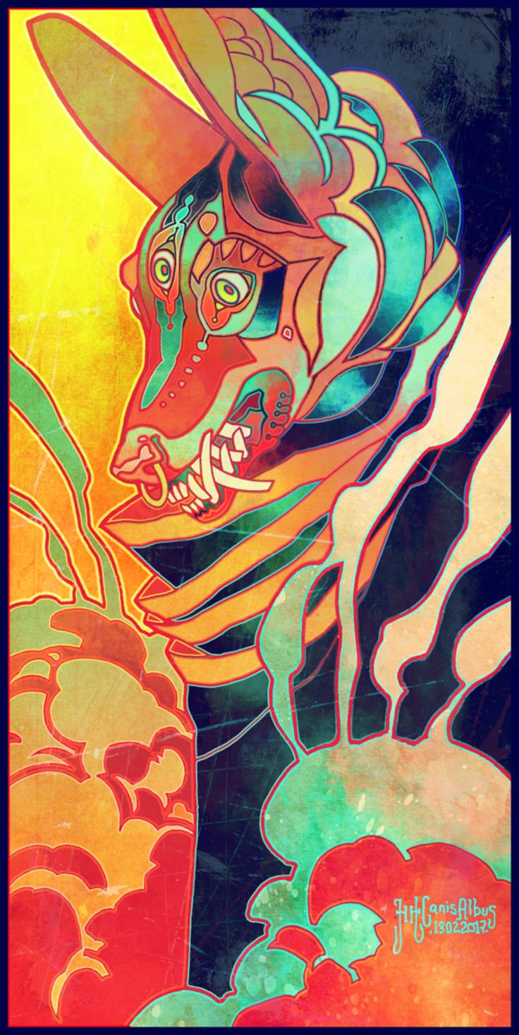 the image is a vibrant digital painting or illustration of a stylized canine or wolflike creature. the creature's design is highly abstract and incorporates geometric patterns and surreal elements. its fur appears layered and textured, with a mix of orange, red, teal, and dark hues. the creature's expression is somewhat surprised or wary.  the background is equally abstract, featuring swirling, cloudy shapes in warm oranges and yellows, contrasting with cooler greens and blues closer to the creature's body. the overall style is reminiscent of vintage posters or album covers, with a slightly grunge texture applied to the piece. a signature, "huffcannabisalbus 18022023" appears in the lower right corner, suggesting the artist's name and creation date. the color palette is bold and saturated, contributing to a striking and captivating visual effect.