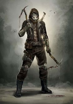 a lone male figure stands against a dark, atmospheric backdrop, suggesting a postapocalyptic setting. he is clad in rugged attire, including a hooded jacket,  kneehigh boots, and a protective mask covering his face. his weapons of choice, a pair of bloodied ice axes, are prominently displayed, hinting at his survivalist nature. the dramatic lighting casts shadows across his form, emphasizing the harshness of his environment.