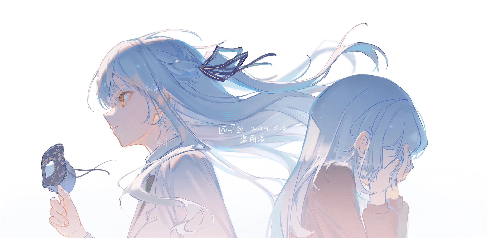 the image is a digital artwork depicting two anime girls with long, flowing blue/lightblue hair. one girl holds a dark ornate mask in her hand, her expression is serious and possibly thoughtful. the other girl is turned away, her face hidden by her hands, conveying sadness or distress. their hair appears windswept.  the background is a minimalist white, enhancing the focus on the characters and their emotions.  there's text in what appears to be a nonenglish language incorporated into the art piece that could be the date and artist's signature. the overall style is soft, pastel, and emotionally evocative.