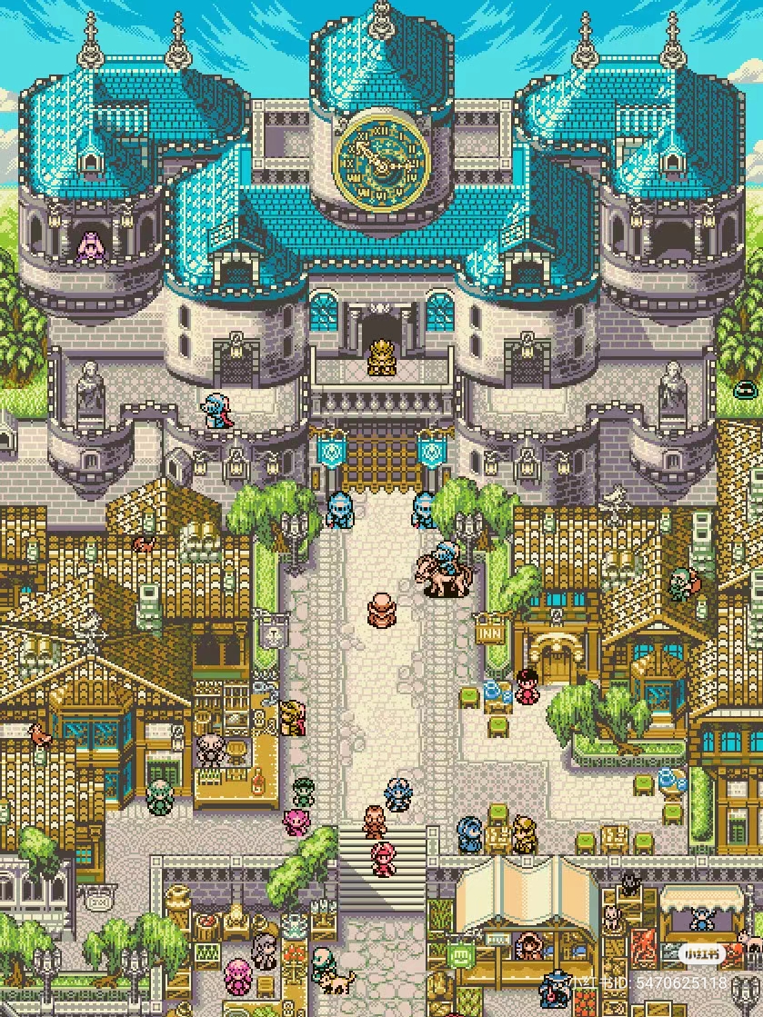 his vibrant pixel art scene depicts a bustling medieval town, overlooked by a grand castle with turquoise roofs. a bustling marketplace fills the street, teeming with colorful characters going about their day. the sunny sky casts shadows, hinting at a pleasant afternoon. the overall style evokes a classic rpg video game aesthetic.