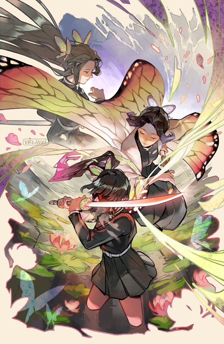 the image is an anime style artwork featuring three female characters from the demon slayer series. in the foreground, kanao tsuyuri is shown in a fighting stance, wielding a sword with a red blade. above her, kanae kocho and shinobu kocho are depicted with large butterfly wings, seemingly supporting or overlooking kanao. the artwork is set against a backdrop of stylized water lilies and butterflylike elements. the overall composition is dynamic and magical, emphasizing the characters' connection to butterflies and their roles as demon slayers.