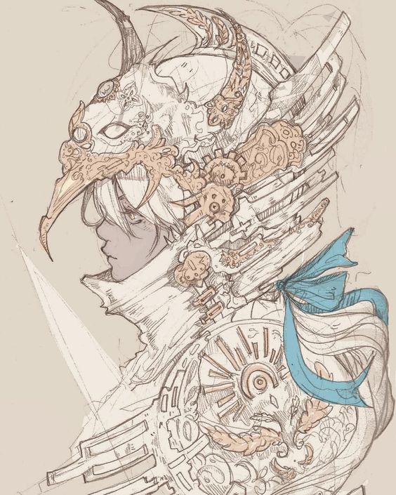 the image showcases a meticulously detailed pencil sketch of a female warrior, rendered in profile. her attire, a striking blend of ornate armor and fantastical elements, takes center stage. a large, elaborate mask, reminiscent of a bird's skull adorned with mechanical gears and intricate patterns, conceals her face.
