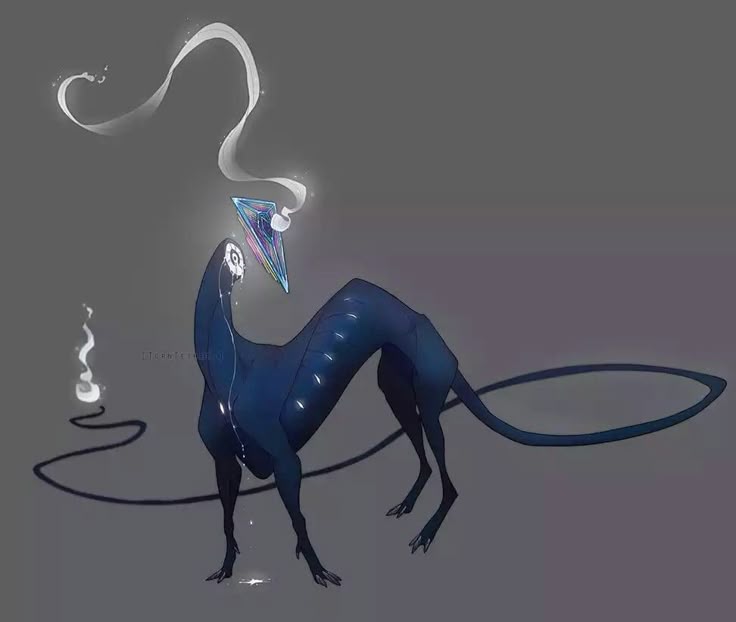 a digital art piece depicts a dark blue, doglike creature with an elongated neck standing on its slender legs and paws. above its head hovers a glowing crystal emitting ethereal smoke. the creature has glowing eyes and a thin tail. the overall atmosphere is magical and ethereal.