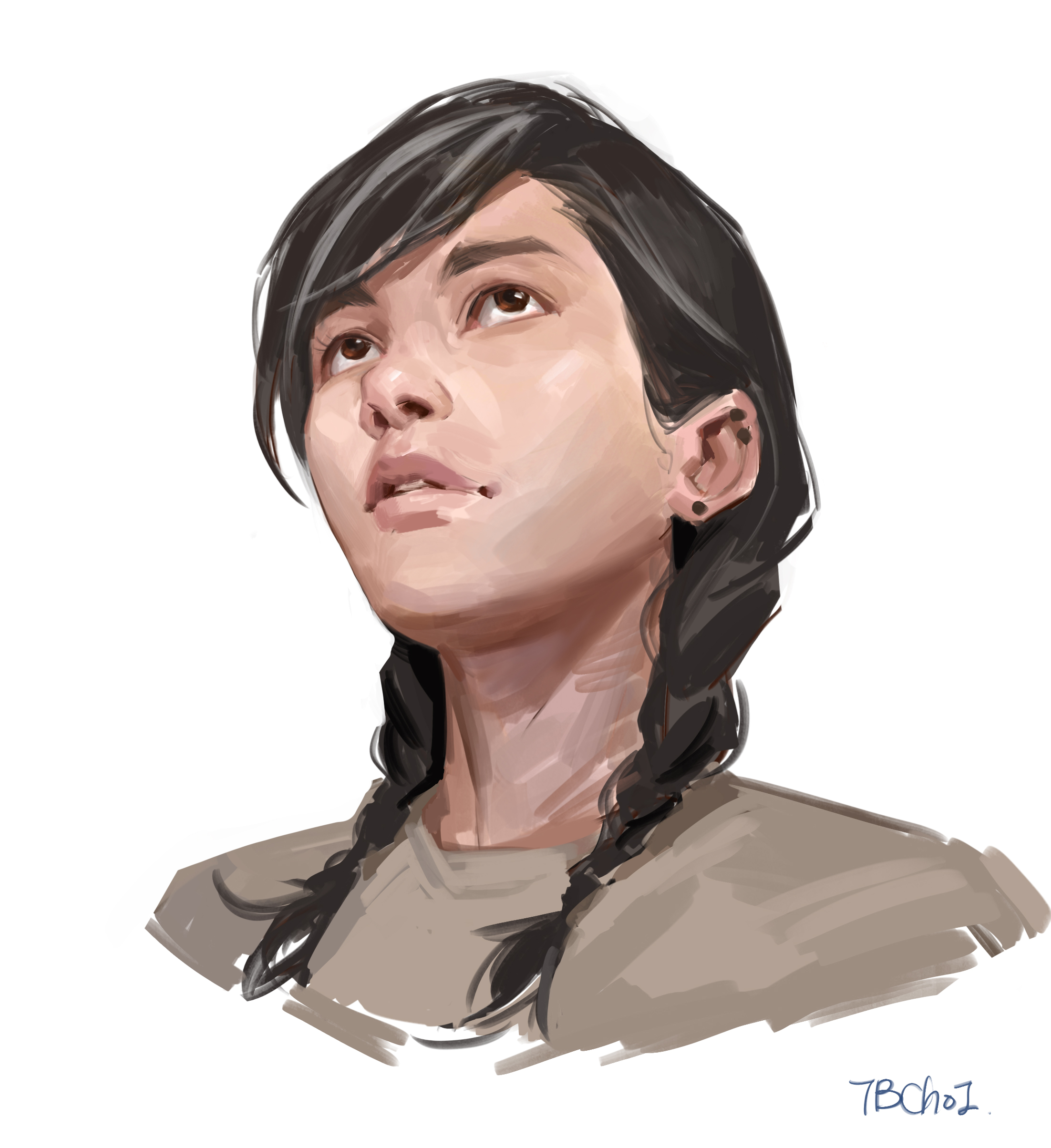 a digital painting of a young woman with dark hair in braids, looking up. she has a pensive or thoughtful expression on her face. the style is painterly and realistic, with visible brush strokes.  the overall color palette is muted and neutral.  the image is signed with "7bcho1".