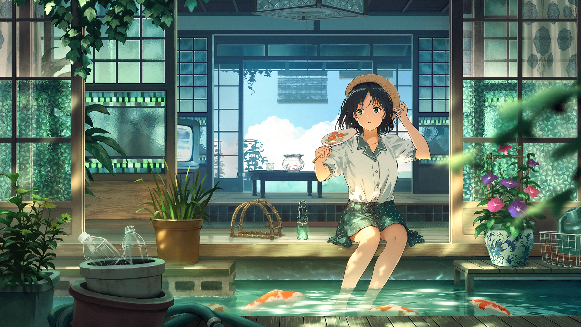 the image depicts an anime girl with short dark hair wearing a straw hat and a green and white summer dress. she is sitting with her feet in a small koi pond outside a traditional japanesestyle house. the house features large shoji screens and lush greenery, creating a serene and peaceful atmosphere. the girl appears to be enjoying a light meal or snack. the scene is rich with detail, showcasing the beauty of a summer day and the calming atmosphere of a japanese garden.  the overall style is soft and whimsical, typical of anime illustration.