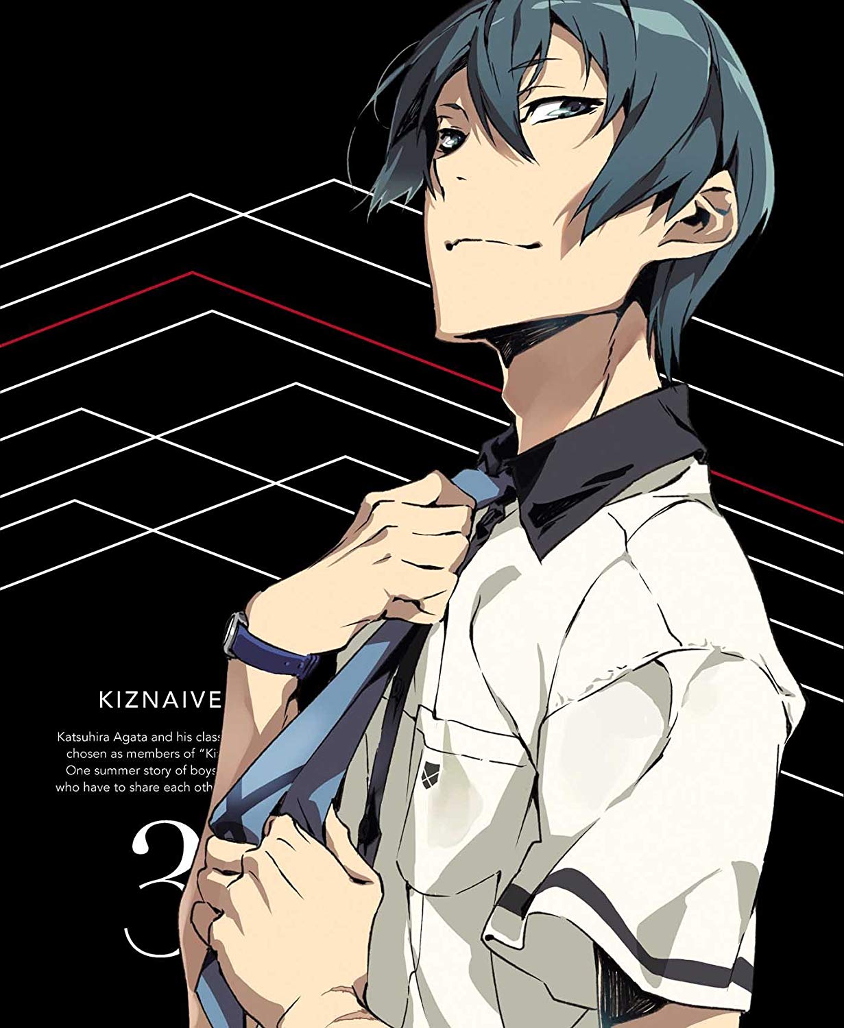 the image is of katsuhira agata, a male character from the anime and manga series "kiznaiver". he is wearing a white shirt and a blue tie and has short blue hair. he is looking at the viewer with a smirk on his face. the background is black with red and white lines. the text "kiznaiver" is written in white letters on the left side of the image. the text "3" is written in white letters on the bottom right side of the image.