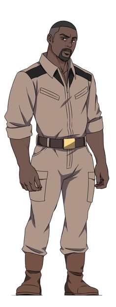 a black man with a crew cut and facial hair is standing wearing a tan jumpsuit with black accents and brown boots. he has a serious expression on his face.