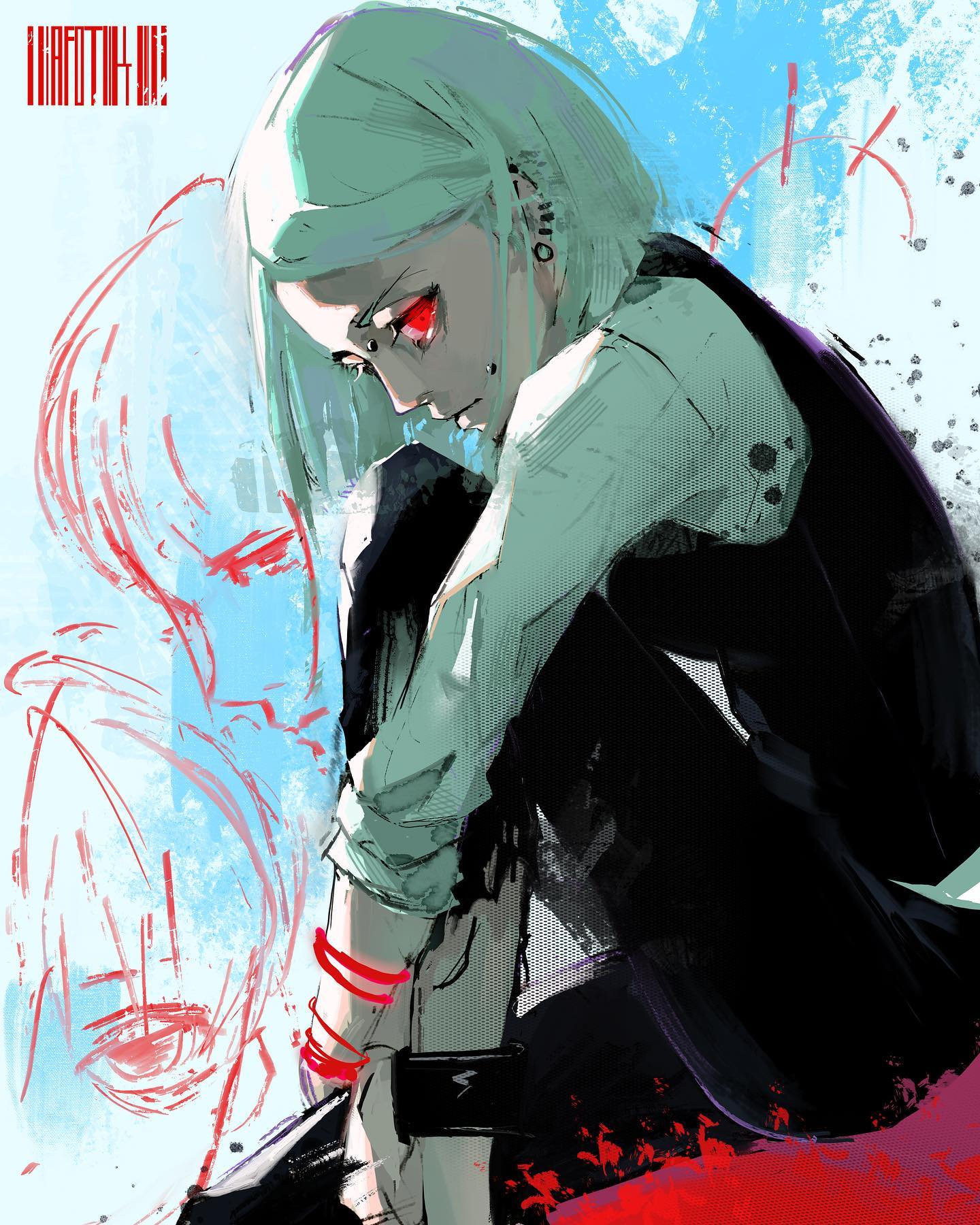 this is a digital art piece depicting an anime character, touka kirishima, from the tokyo ghoul series. she has green hair, red eyes, and is wearing a black and white outfit. her head is tilted down as if she is in sorrow, while she is sitting on a red and blue background. there are black and red lines going up and down in the background, creating a grungy feel.  the image has a sad and emotional vibe.