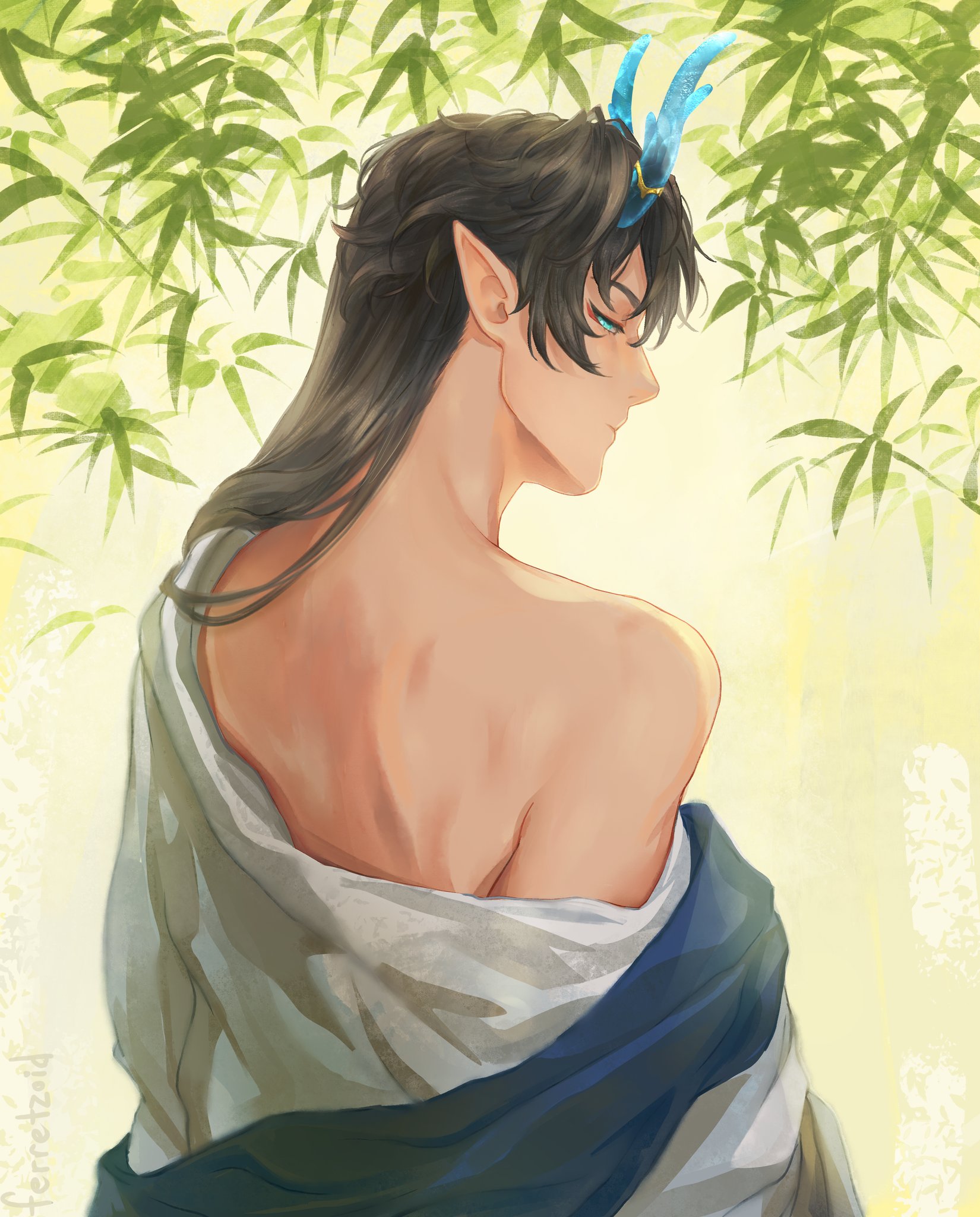 a digital painting of a young anime male character, he has black hair and blue horns, the background is a blur of green bamboo and leaves. the man is in a white and blue robe with a white fabric hanging off his shoulder, he is looking to the left, away from the viewer.