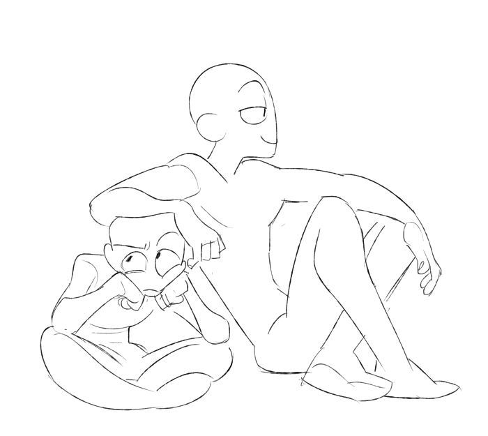 this image is a black and white line art sketch of two people sitting casually. the person on the left is sitting with their legs crossed and their arms crossed in front of them. the person on the right is sitting with their legs extended and their arms resting on their knees. they are both looking in different directions. the sketch is simple and easy to follow. it would be a good base for creating a more detailed drawing. the overall style is reminiscent of an anime or manga art style.