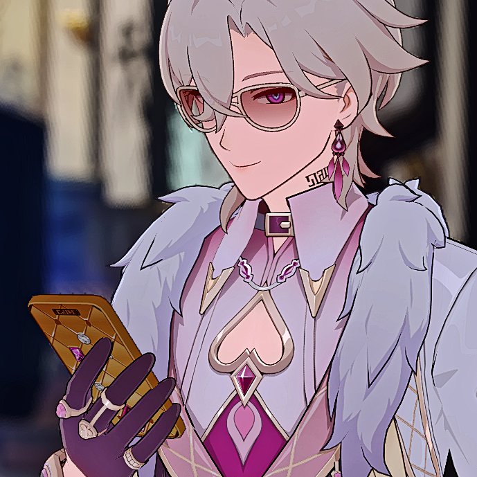 this is a digital illustration of a male anime character with white hair, glasses, and a purple, pink, and white outfit. he is holding a phone in his hand and has a serious expression on his face.