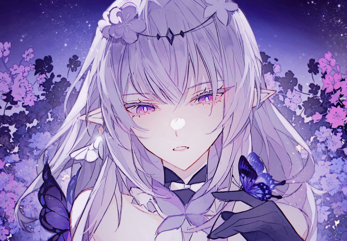 the image is a digital painting or illustration of a young animestyle female character. she has long, flowing purple hair, elflike ears, and violet eyes. she is adorned with a flower crown and a delicate tiara.  she's holding a dark purple butterfly gently on her hand. the background features a soft, blurred depiction of purple flowers, creating a mystical and dreamy atmosphere.  the overall style is aesthetically pleasing, with soft pastel tones and delicate details. the character's expression is serene and slightly melancholic.