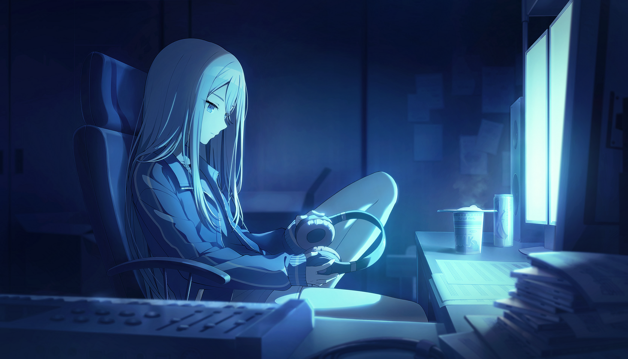 the image shows an animestyle illustration of a girl sitting in a chair at a desk in a dimly lit room. the room is lit with a blue light and there is a computer monitor on the desk that is also emitting light. the girl has long, light colored hair and is wearing a blue jacket. she is holding a pair of headphones. there is a keyboard and a can of beverage on the desk, along with a cup of noodles and a stack of papers. there is a chair in the background. the girl is sitting with her legs crossed, and she is looking down.