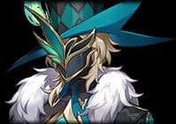 this image is a digital illustration of a male anime character with white hair, wearing a hat and mask. he's wearing a blue, green, and gold coat, and his fur is white. the background is dark. the character appears to be holding a weapon.