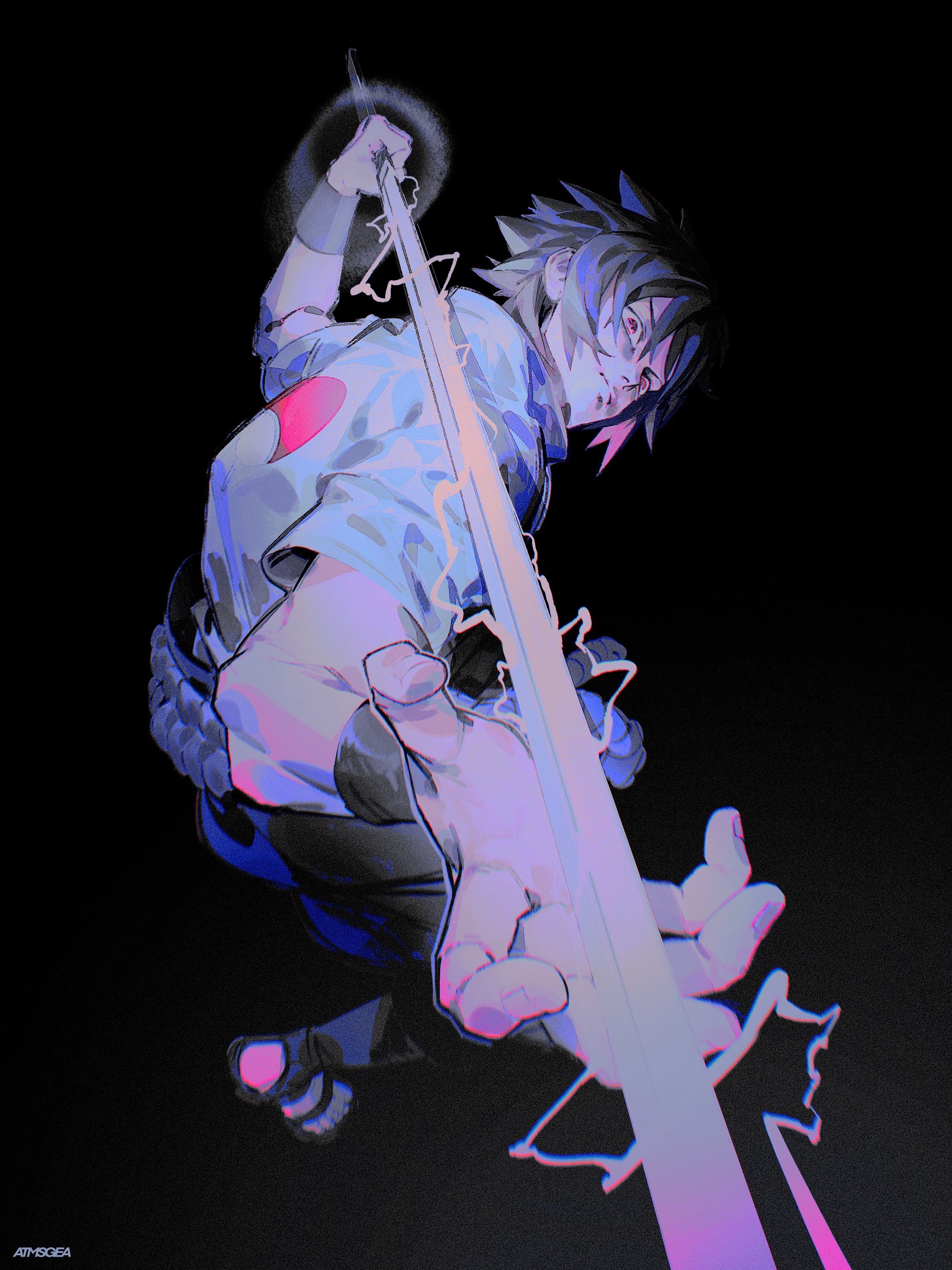 the illustration features a young man in a dynamic pose, captured from a dramatic worm'seye view against a dark background.  he appears to be a warrior or samurai, gripping a glowing katana that crackles with electric or magical energy. the art style is distinctly animeinspired, with exaggerated features and a vibrant, neoninfused color palette. the overall effect is one of power, action, and mystical intensity.