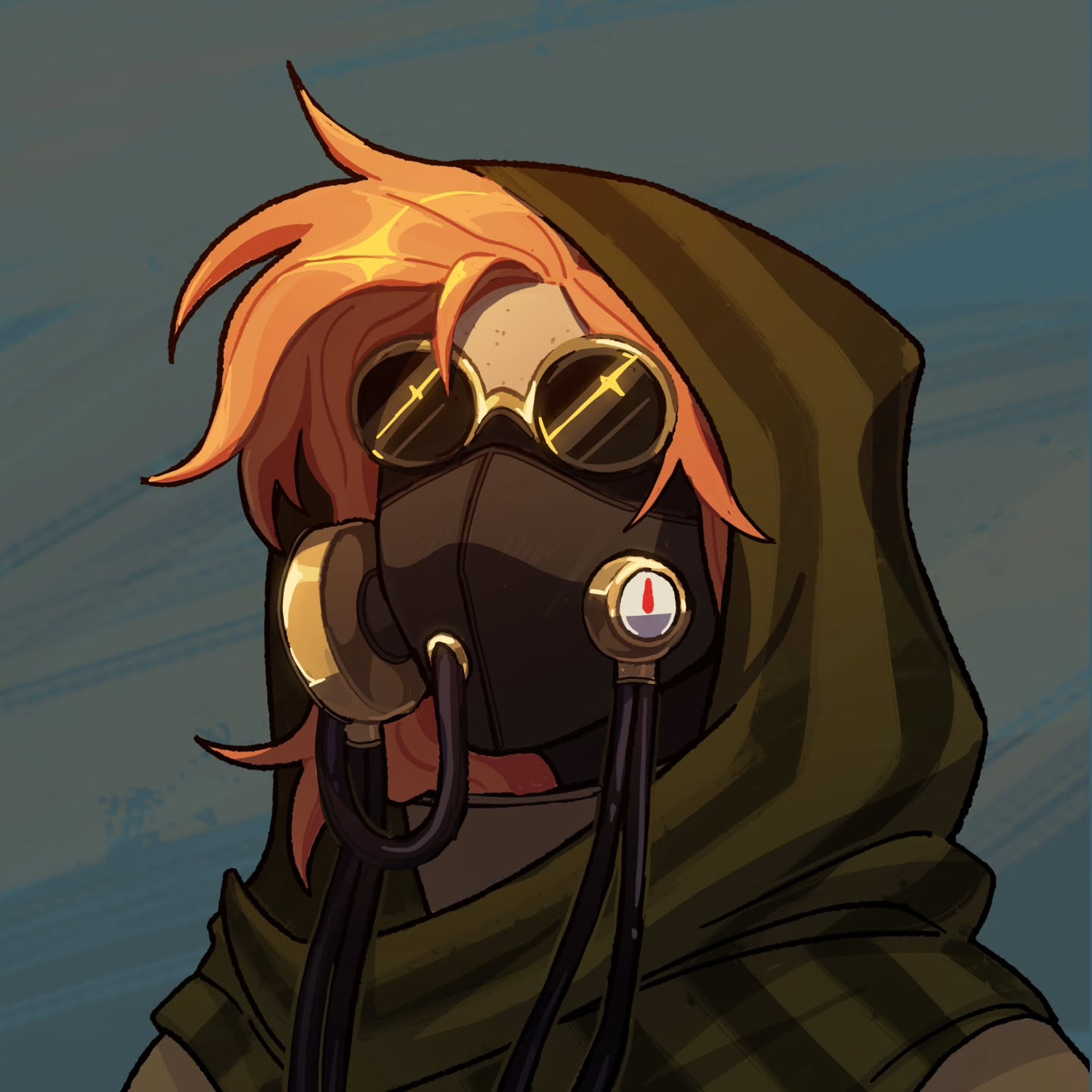 loseup digital illustration of a female character. she has vibrant orange hair partially concealed by a dark green hooded cloak.  her face is partially obscured by a detailed steampunkstyle gas mask with brass accents and goggles.  the style is evocative of fantasy or science fiction settings. the character has freckles visible on her skin. the artwork is highly detailed and features rich color and shading.