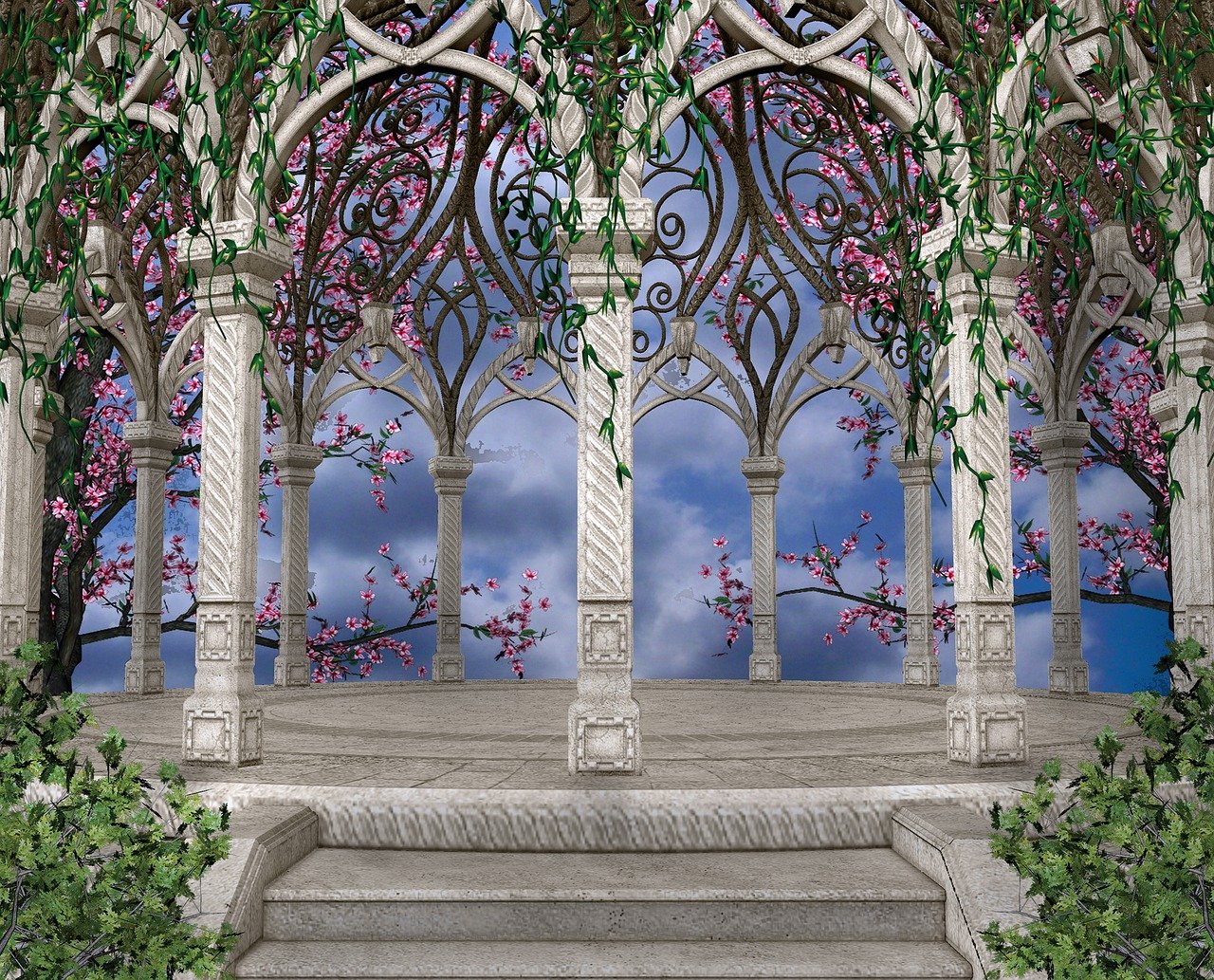 the image shows an ornate gazebo with stone columns and archways, adorned with vines and pink flowers. it stands on a stone platform with stairs leading up to it. in the background, a blue sky is visible. the gazebo has an intricate design and appears to be in a garden or fantasy setting.