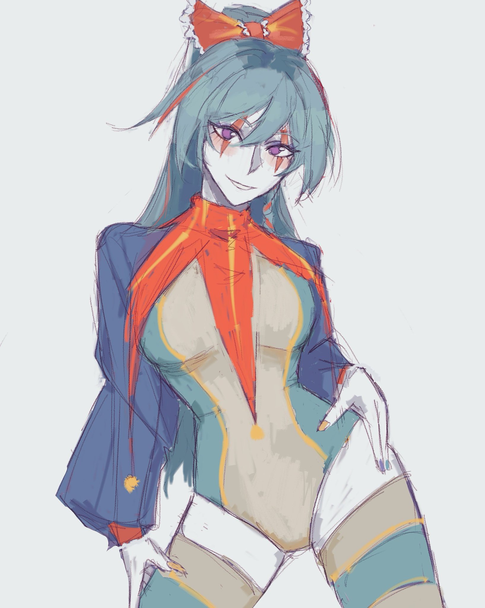 he image is a digital drawing or sketch of a stylized female anime character. she has teal hair, a red bow on her head, and a colorful bodysuit.  her pose is confident and slightly playful. the art style is loose and expressive, with visible brushstrokes. the color palette is vibrant, with teal, red, orange, and beige tones dominating. the background is a simple light gray. the overall style suggests fanart or an illustration for a manga or anime.