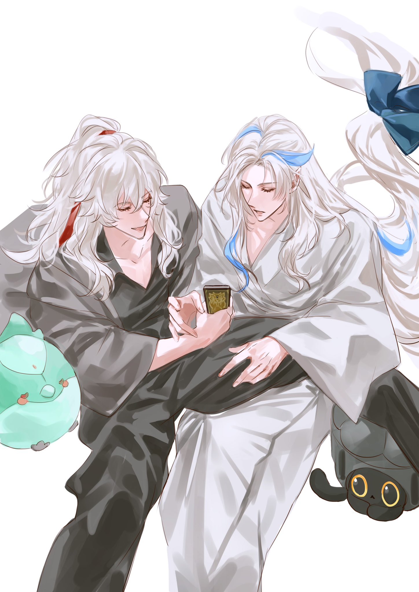 this is a digital art illustration of two anime boys, one in a black kimono and one in a white kimono, looking at each other lovingly. they both have long white hair, and the one in the white kimono has blue streaks in his hair. they are holding a small, golden card. the image is set against a white background.