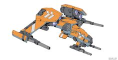 a drawing of an orange and gray spaceship with multiple wings and cannons. the spaceship is shown in a side view.