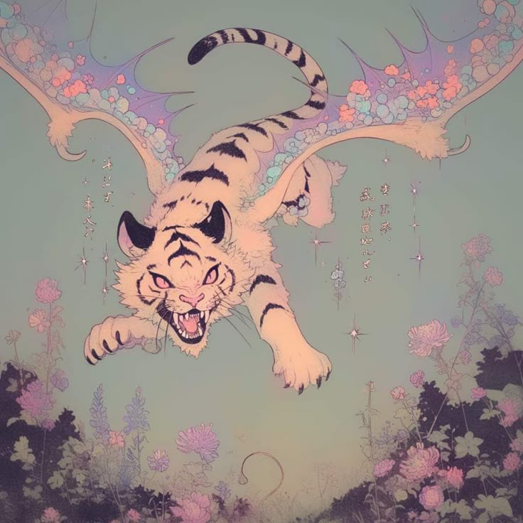 the image features a fantastical winged tiger in a dynamic pose, appearing to leap or fly through the air. the tiger has black stripes on its creamy fur and angry red eyes. it has large, ornate wings with a floral pattern, made up of pink, orange, and lavender blossoms. the background has japanese script. below, there is a field of flowers with various shades of pink and lavender. the color palette is predominantly pastel and muted, giving the image a whimsical feel.