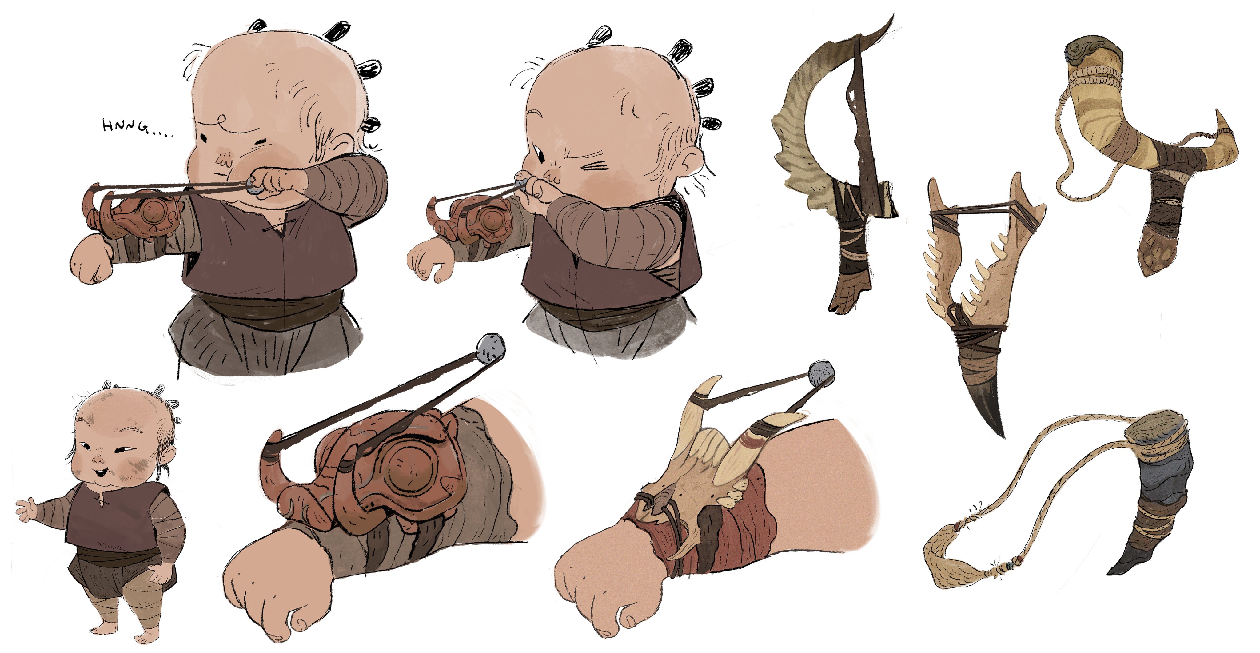 this is an illustration featuring a babylike character with a sling on each wrist and a sling in their hand. the child wears a brown tunic and pants. the weapons are designed to look like a combination of animal parts and primitive tools, and they are all tied with string.