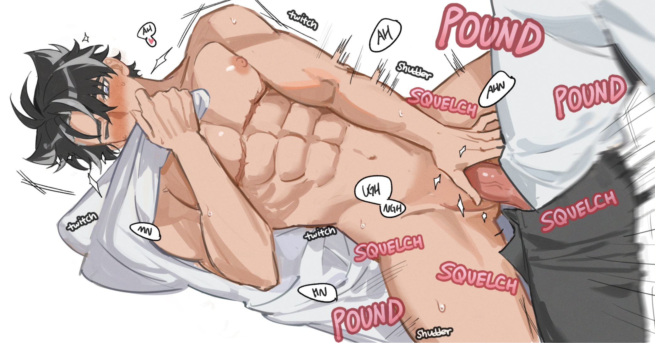he image is a yaoi manga panel depicting two men engaged in explicit sexual intercourse. the top is shown from behind, their trousers pulled down and their penis penetrating the bottom. the bottom is a muscular man with dark hair lying on his back, partially disrobed, with his head turned to the side, showing a blush and expressions of pleasure and pain. the artwork style is soft, semirealistic, and the scene is dynamic, with several onomatopoeia indicating the actions and sensations involved.  the overall tone is suggestive and erotic.