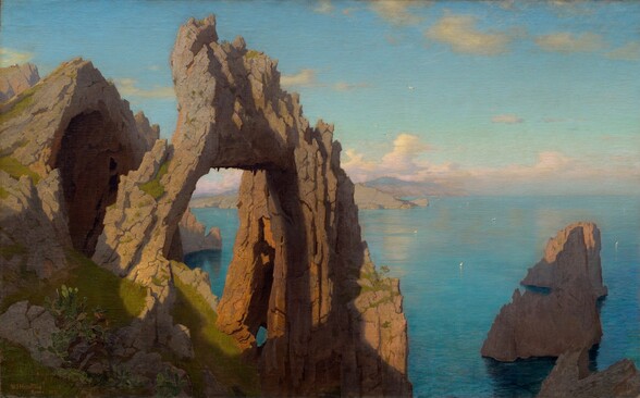 this is an oil painting depicting a seascape featuring rocky cliffs and formations, with a prominent arch rock formation in the foreground. the azure sea extends towards the horizon under a partly cloudy sky. the painting shows a coastline with the rocky faraglioni of capri in italy, illuminated by sunlight and casting shadows. there's some vegetation on the rocks. in the distance, land is visible, and several sailboats dot the water. the overall impression is that of a scenic, natural vista captured in an artistic style.