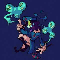 a cartoon character with exaggerated features, resembling a ghostbuster, is depicted in midaction against a dark blue background. they're dressed in a blue outfit with white accents and a captainlike hat, holding a glowing staff in one hand while giving a thumbsup with the other. surrounding them are stylized, glowing green ghosts with single eyes, suggesting a paranormal encounter. the character's expression and the overall scene evoke a sense of playful energy and confidence in the face of the supernatural.