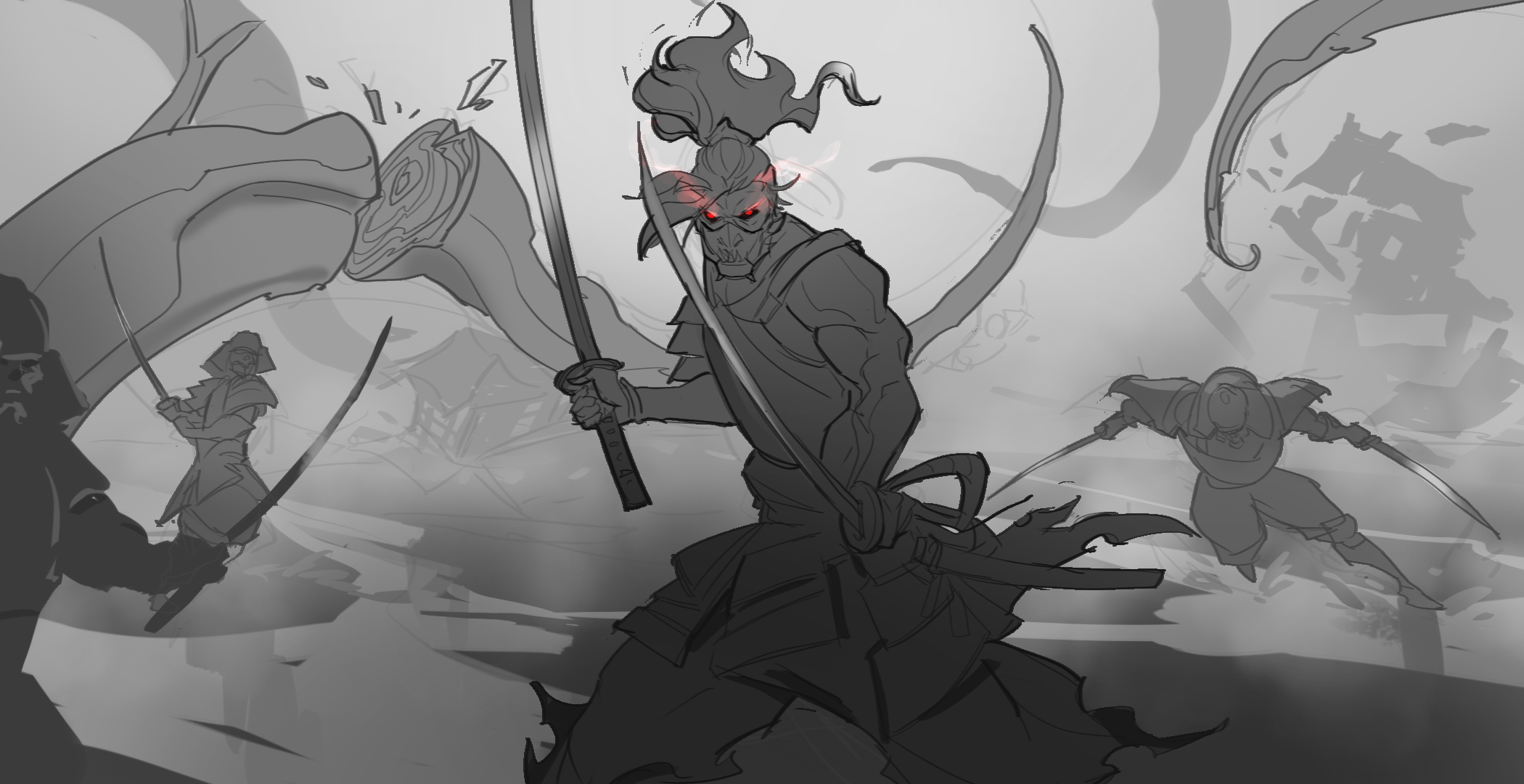 this is a grayscale illustration of a samurai warrior in the midst of a battle. he is wielding a sword in each hand and is surrounded by other warriors. the image is very dynamic and exciting, with the samurai warrior's face and eyes illuminated in red. the scene is set in a misty, forestlike setting, and the composition is very complex. the artwork is done in a loose, gestural style.