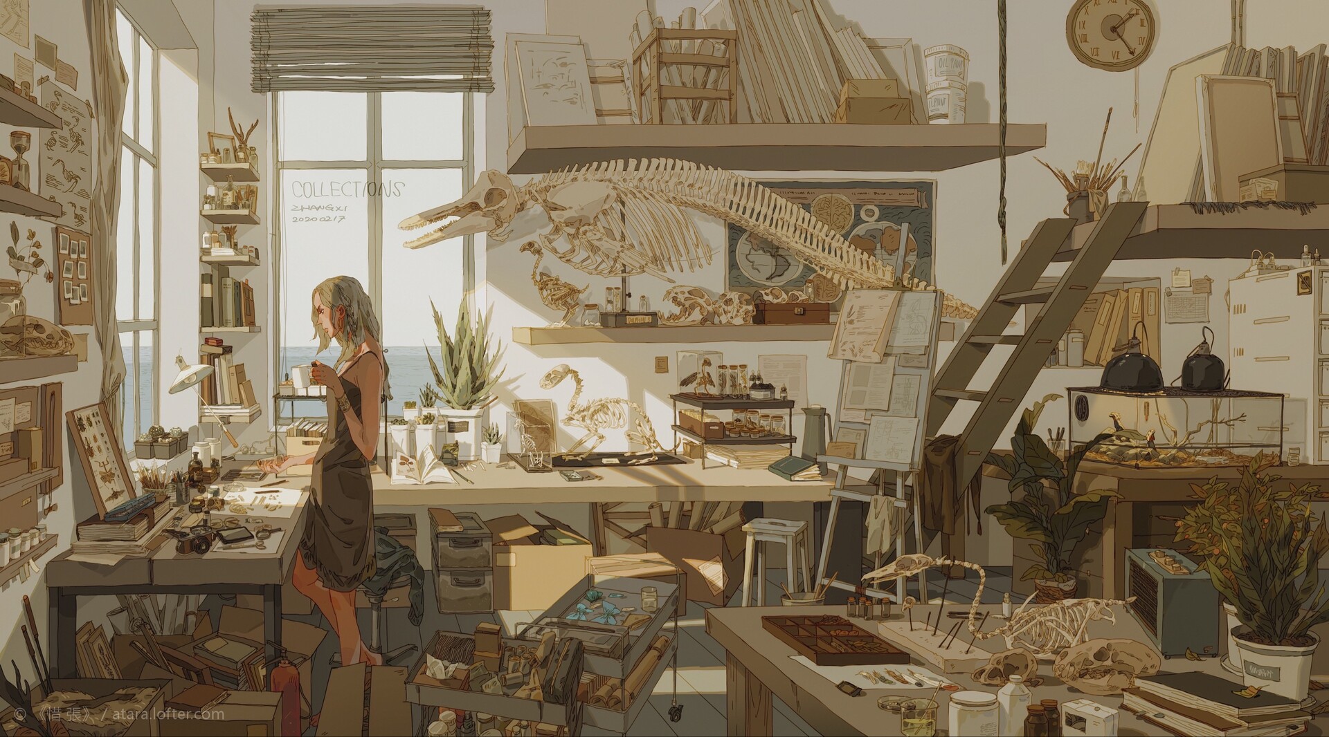 the image depicts a cozy and eclectic art studio filled with an array of objects and  a beautiful, sunlit view beyond a large window. a young woman, dressed casually, stands at a cluttered desk, enjoying a cup of coffee. the room is packed with shelves, easels, and a variety of interesting items, suggesting the artist's diverse interests. scattered across the room are  paintings,  sketchbooks, and a collection of animal skeletons. the artist's desk is a chaotic mix of art supplies, including paint tubes, brushes, and palettes, reflecting a creative and passionate personality.  the room's vintage aesthetic, combined with the  natural light streaming through the window, creates a sense of  inspiration and tranquility.  the scene is reminiscent of a cozy artist's haven, where creativity flourishes amidst a vibrant collection of inspirations.