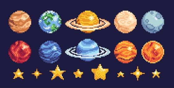 the image shows a collection of pixel art planets and stars, designed in a classic arcade game style. there are various planet designs, including those reminiscent of earth, mars, and jupiter, each with unique color palettes and details. the stars come in two styles: a simple fourpointed and a more detailed eightpointed design.