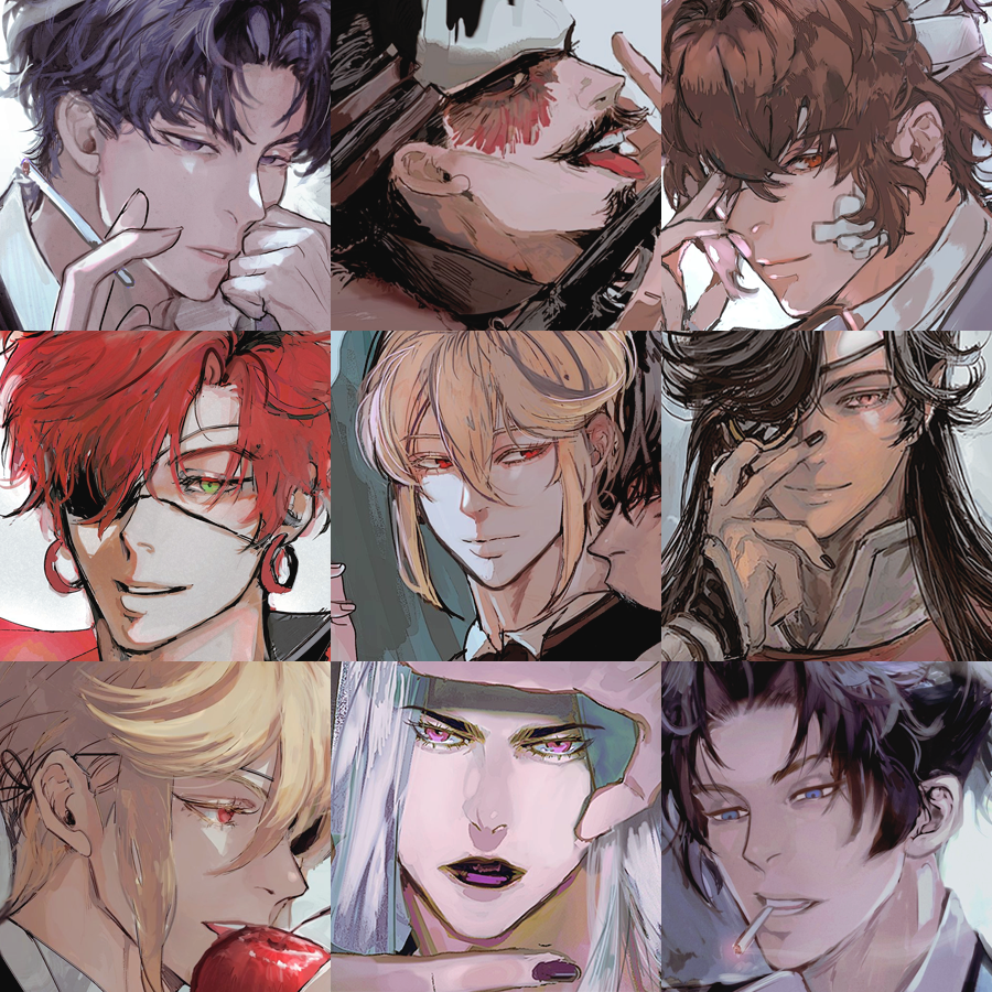 a collage of nine anime portraits of men, each with a different style and expression. they are all depicted with sharp features and captivating gazes. the portraits showcase diverse fashion and accessories, contributing to their unique personalities. the artwork utilizes vibrant color palettes and detailed lines to create a captivating visual experience.