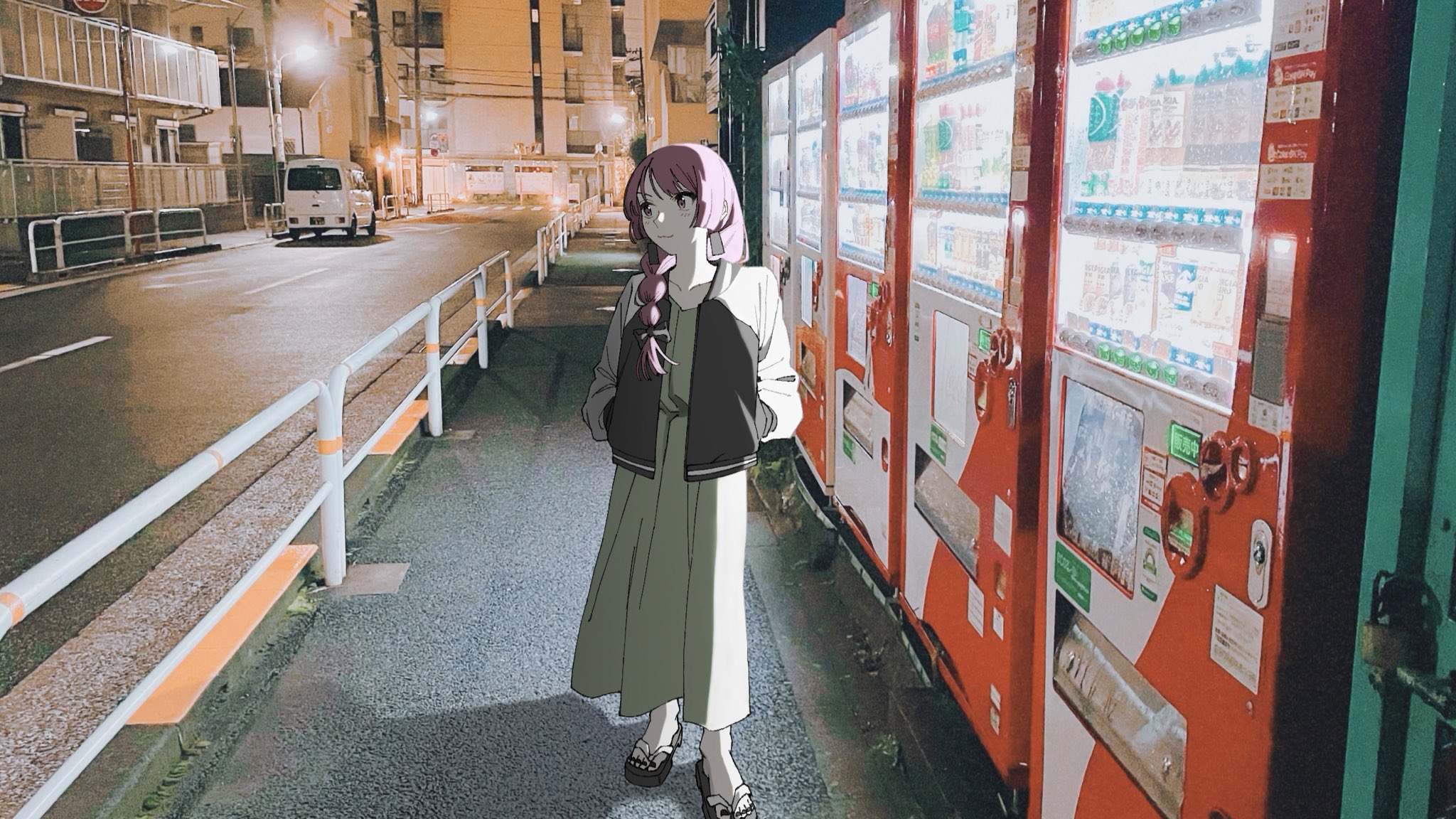 an anime girl with pink hair and a thoughtful expression stands on a dimly lit city street at night. she's wearing a grey jacket over a long green dress and sandals.  multiple red vending machines line the sidewalk to her right, their illuminated displays casting a warm glow on the scene.  a white van is parked in the background on the street, which is otherwise empty. the overall atmosphere is quiet and contemplative.