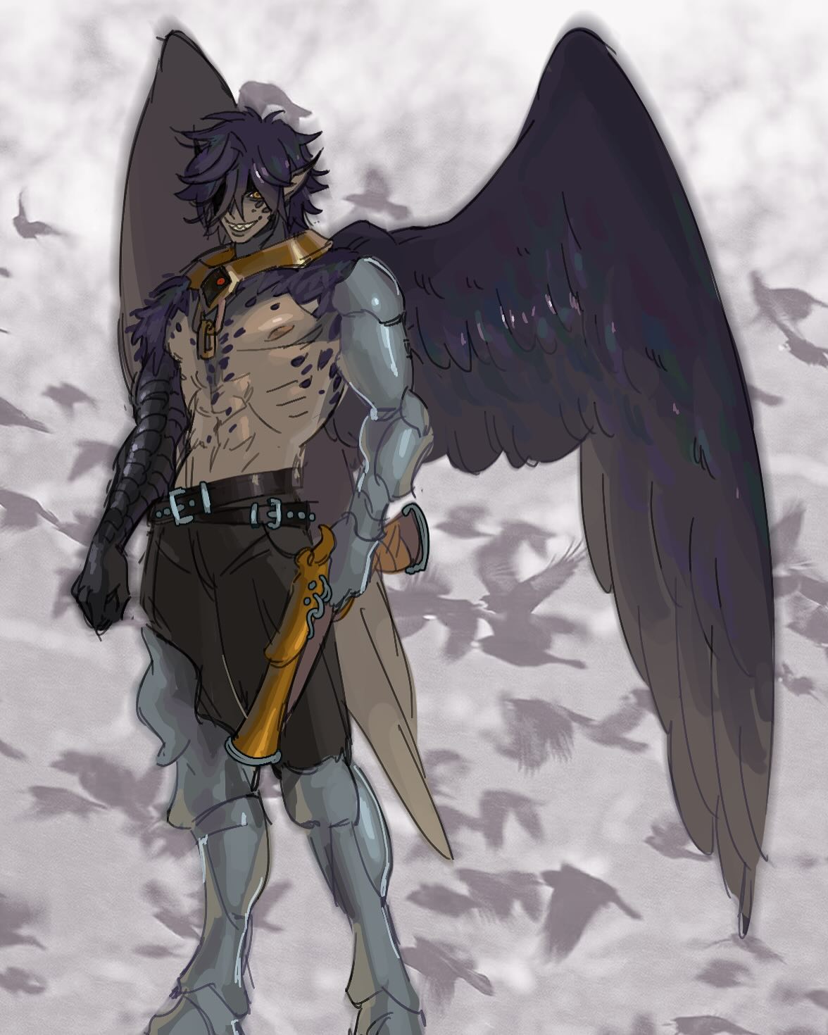 he image is a digital painting of a fantasy character. the character is a male humanoid with large, dark, feathered wings, suggesting an avian or demonic nature.  he has a muscular build, dark hair, and is wearing grey armor with gold accents. his expression is a confident smirk. he is holding a long, goldcolored weapon. the background features blurry, shadowy shapes resembling flying birds or bats, adding to the mystical atmosphere. the overall style is detailed and artistic, with a focus on the character's design and powerful presence.
