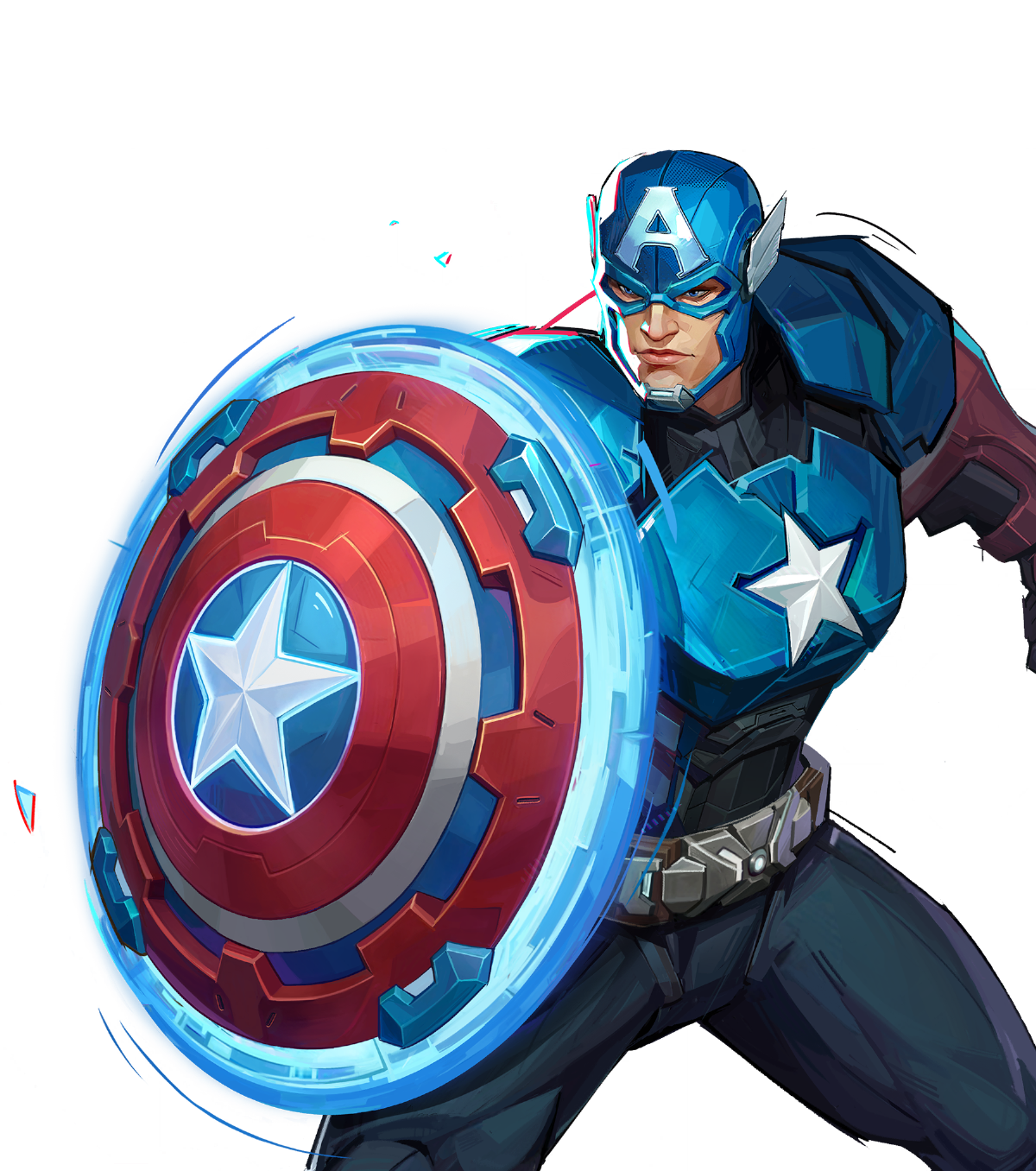 a depiction of captain america in a futuristic design, holding his iconic shield. he's in an action pose against a black background. the shield features a blue glow around its edges and a slightly different design. he wears a blue and red suit with a white star on his chest and the letter 'a' on his helmet.