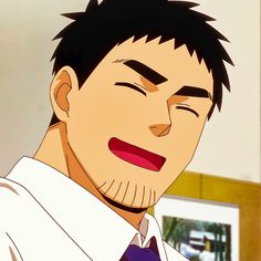 the image shows a closeup illustration of an adult man with short black hair and stubble. he has a wide, happy smile on his face, and his eyes are closed. he is wearing a white collared shirt with a purple tie. the background is a warm yellow color with a framed picture on the wall.