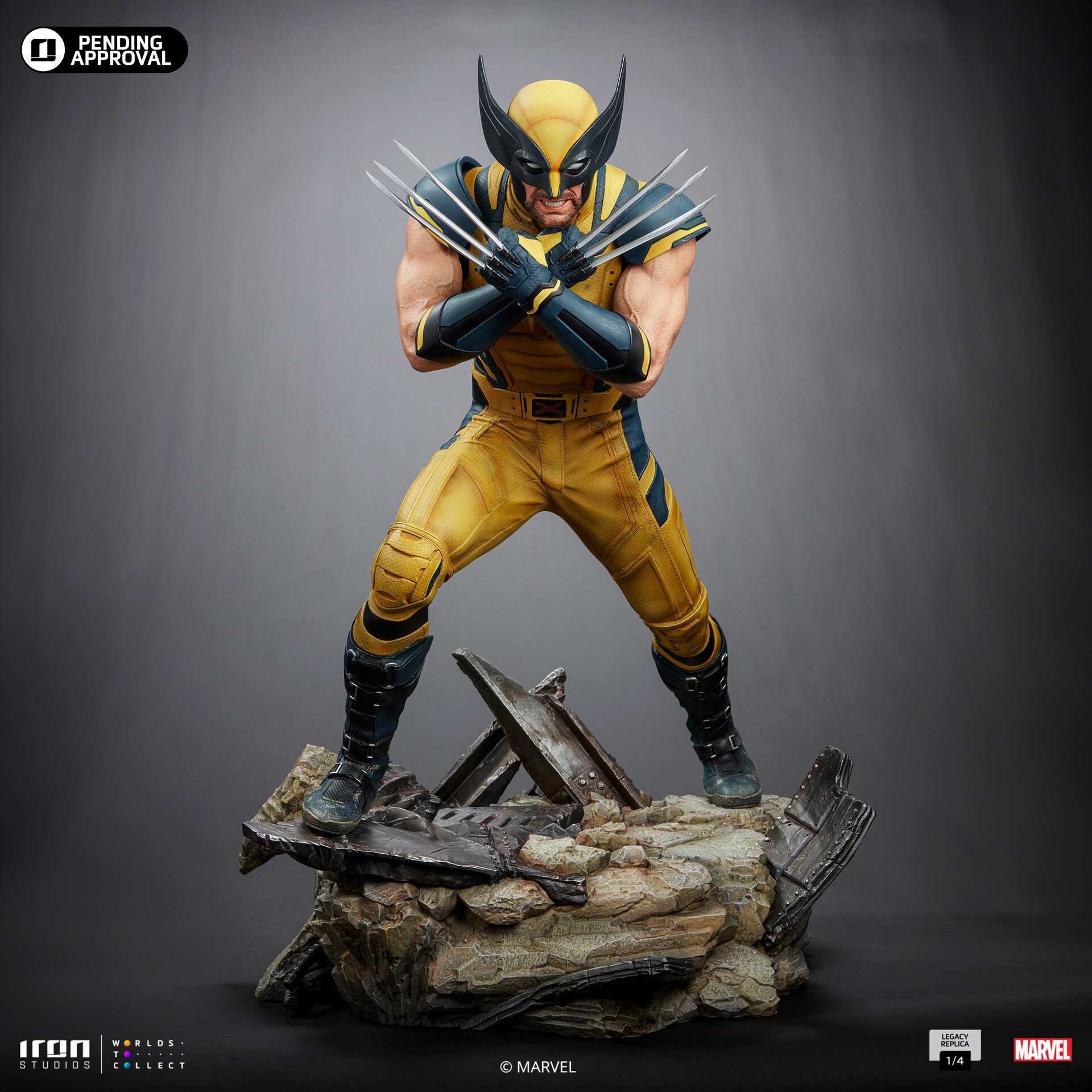 the image showcases a meticulously crafted statue of the iconic marvel superhero, wolverine. clad in his signature yellow and blue costume, wolverine stands atop a base sculpted to resemble a mound of metallic debris. he adopts a combative stance, claws unsheathed and crossed defensively before him. his expression, partially concealed by his mask, conveys a sense of grim determination. the statue, produced by iron studios, is a testament to the character's enduring popularity and the artistry of highend collectibles.