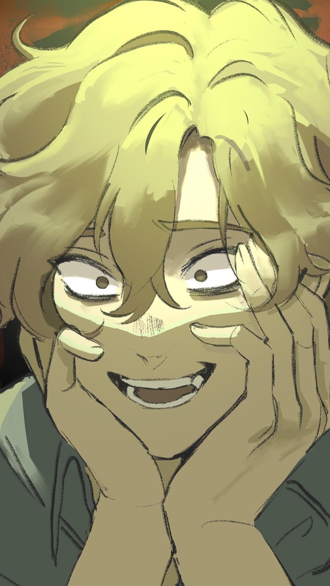 loseup illustration of a young blond man with a disconcerting expression. his wide eyes and unsettling smile, coupled with his hands cupping his face, create a sense of unease. the art style is reminiscent of anime or manga, with loose brushstrokes and muted color palette, lending a slightly sketchy feel to the image. the background is dark and undefined, focusing attention on the character's face and expression. the overall mood is unsettling and suggestive of anxiety or a hidden sinister nature.