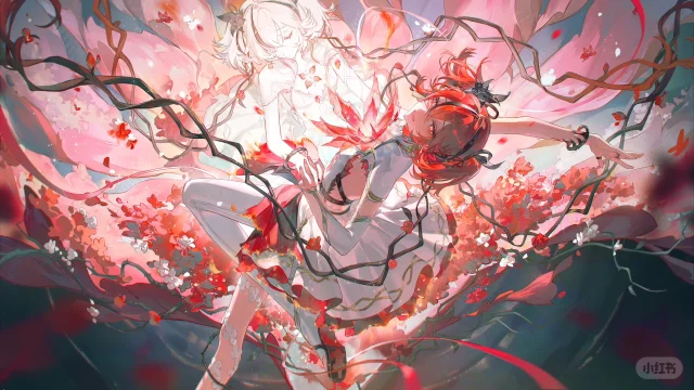 the image is a vibrant digital painting or illustration in an anime style.  it depicts two anime girls, one with long flowing red hair and the other with long white hair, seemingly intertwined or connected.  they appear to be floating amidst a profusion of pink and red flowers and dark vines. the girls wear flowing dresses, one primarily white and the other incorporating reds.  the overall aesthetic is ethereal, mystical, and dreamlike, with soft lighting and a flowing composition.  the colors are predominantly pink, red, and white, creating a soft and romantic atmosphere. the style is highly artistic and evocative, more focused on mood and atmosphere than strict realism.