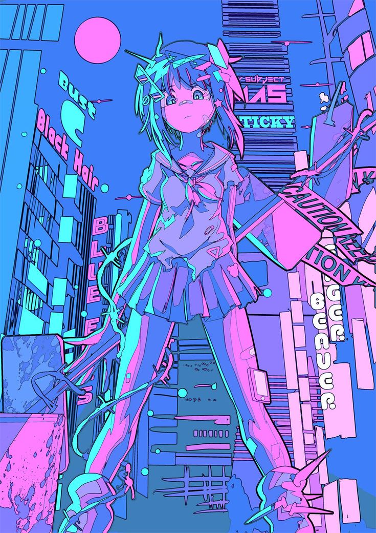 a digital illustration of an anime girl wearing a pink and blue outfit standing in a neonlit city. the scene is filled with various graphic elements, including graffiti, futuristic architecture, and vaporwave aesthetics.