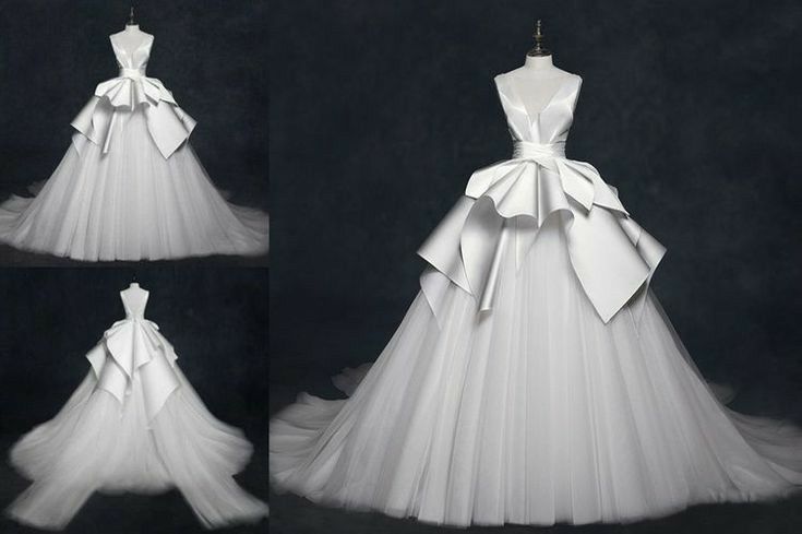 this image showcases a stunning wedding dress. the gown is a masterpiece of elegance and sophistication, featuring a flowing tulle skirt and a bodice adorned with delicate lace. the dress is accented with a large satin bow that adds a touch of drama and romance. the vneckline and sleeveless design highlight the wearer's shoulders and arms, adding to the overall allure of the dress. the dress is perfectly suited for a bride looking for a classic, timeless style.