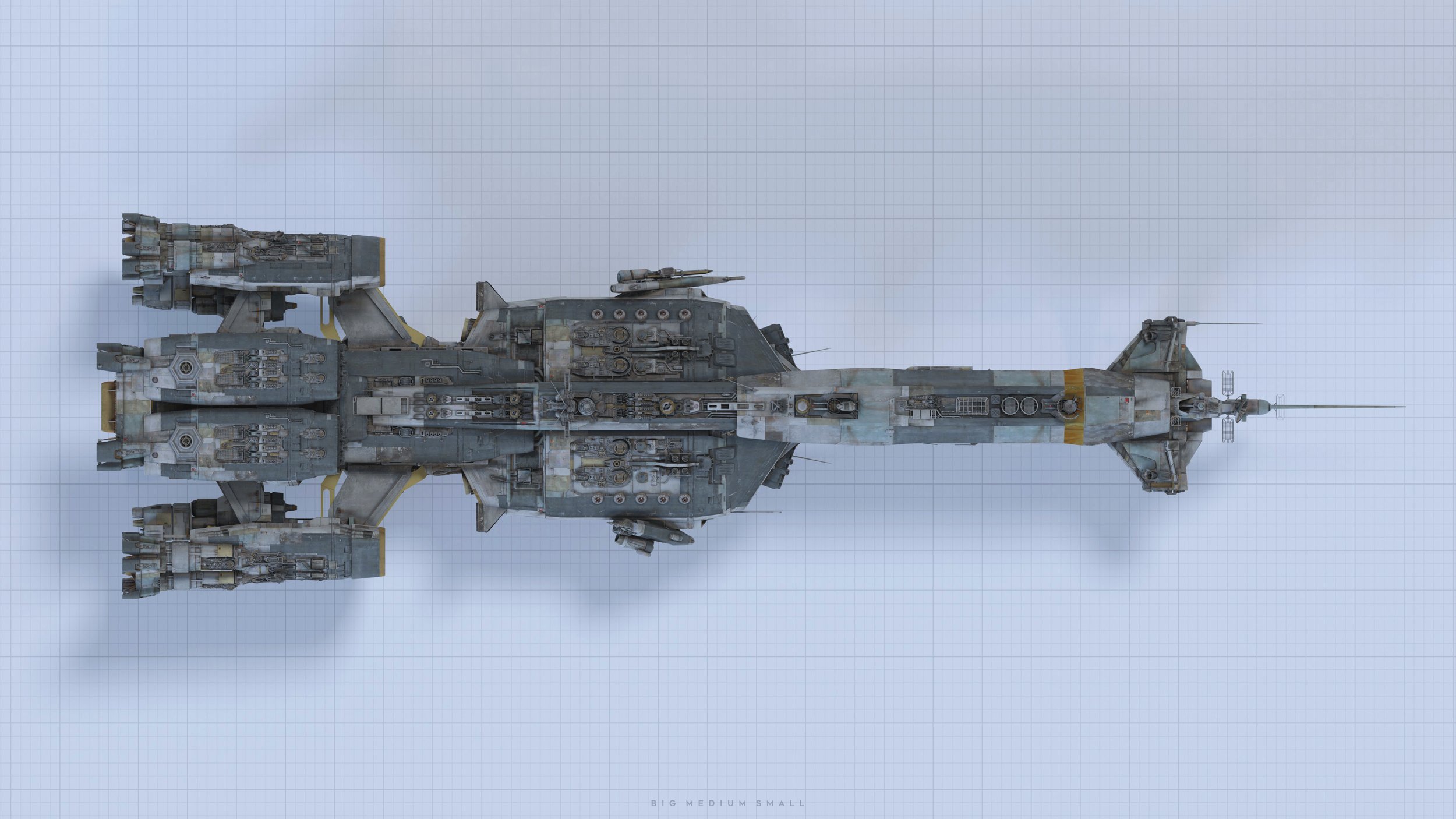 a detailed topdown view of a large, weathered spaceship against a light blue grid background. the spaceship is intricately designed with multiple engines, wings, antennas, and other technological features.  the overall aesthetic suggests a used or battlescarred military spacecraft, showing wear and tear consistent with extensive use. the background grid suggests a design or engineering blueprint.