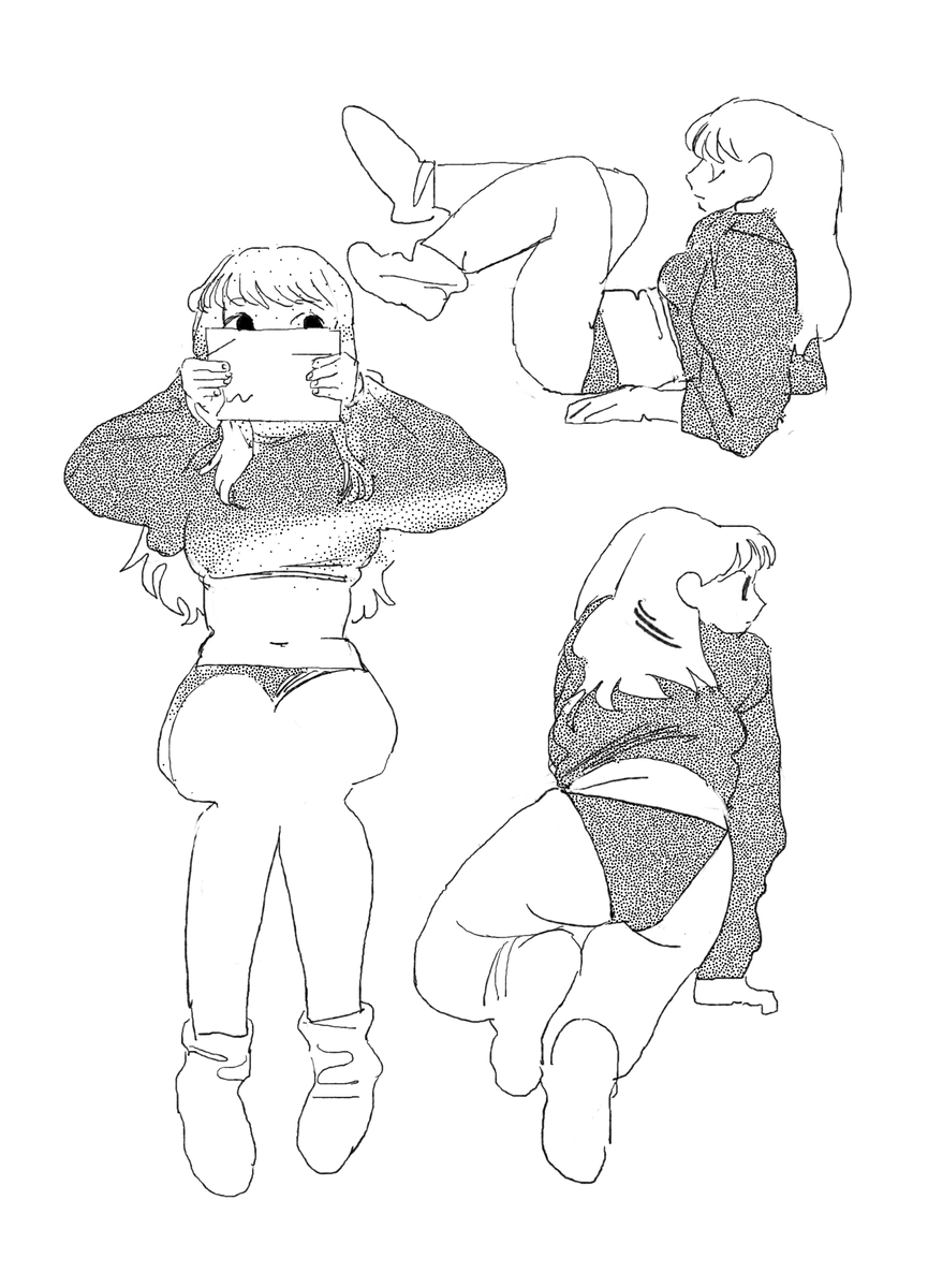 the image shows a black and white drawing of a woman in various poses. there are four sketches of the same woman, each in a different position. one is sitting and holding a piece of paper in front of her face, another is lying down with legs raised, and the other two are also sitting. the woman is wearing a hoodie and lingerie.