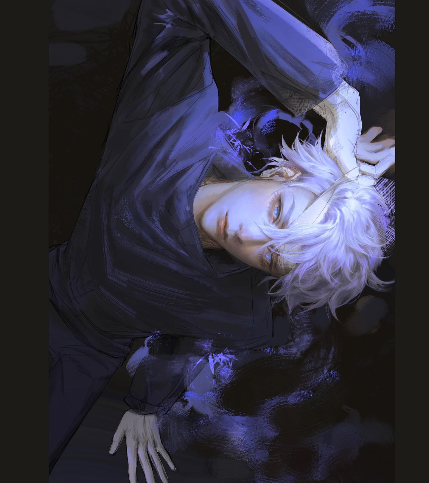 the image is a digital illustration featuring a young man with striking white hair and piercing blue eyes. he is depicted lying down, his gaze directed upward, creating a sense of vulnerability and allure. the art style is ethereal and dreamlike, characterized by soft brushstrokes and a muted color palette dominated by cool blues and purples. this, combined with the wispy smokelike elements surrounding the figure, contributes to the overall otherworldly atmosphere of the piece.
