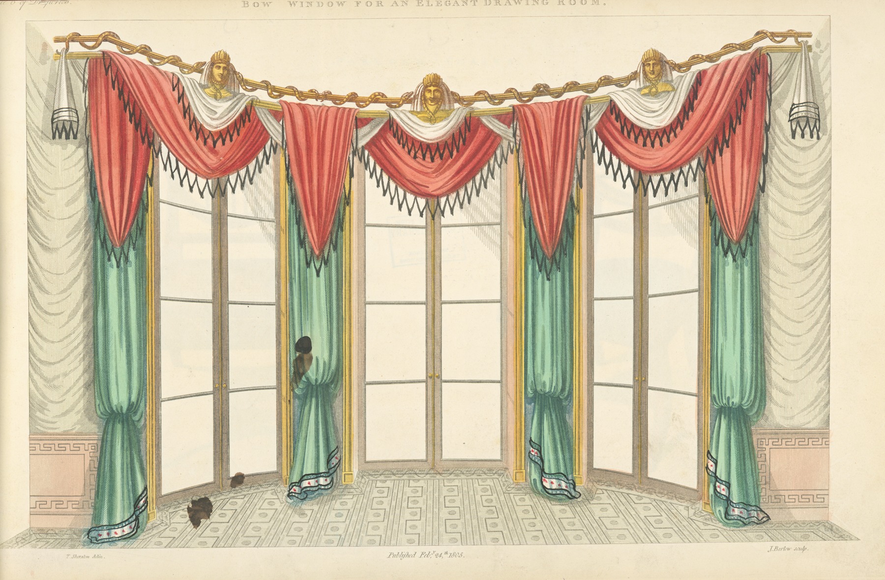 an illustration titled "bow window for an elegant drawing room" depicts a neoclassical interior with a curved window arrangement. the window is framed by tall, narrow panes and is adorned with elaborate drapery. red valances trimmed with black fringe hang above each section of the window, supported by a gilded rod with classical bust decorations. light green floorlength curtains cascade down, gathered at the bottom with decorative bands. the room features a patterned carpet, and the walls are decorated with a greek key pattern near the base. the architectural style suggests an early 19thcentury setting. a person stands in the center.