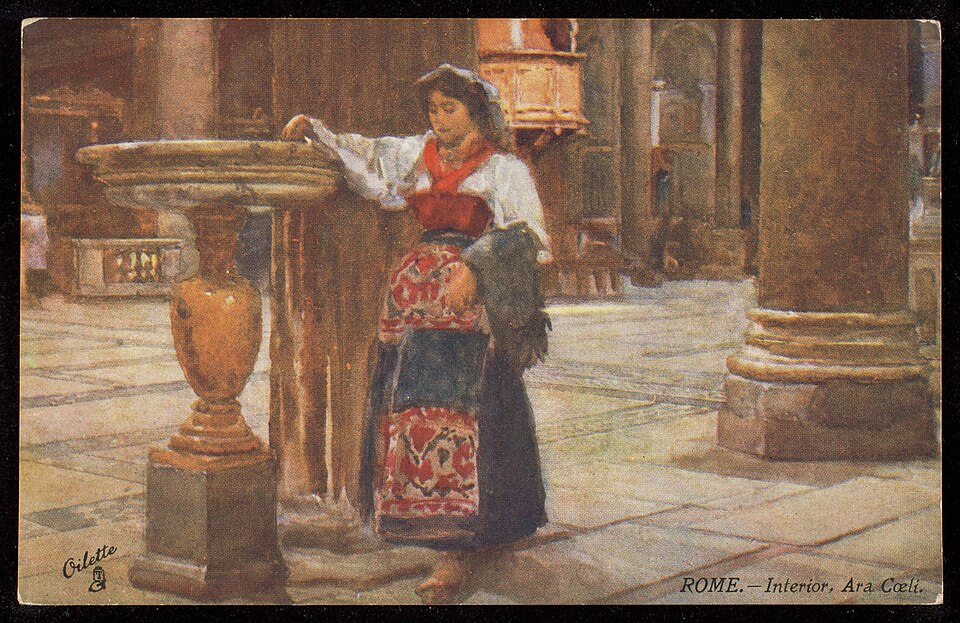 a painting depicts a woman in traditional clothing standing inside a church, next to a baptismal font. the church interior features large columns and arched architecture. the woman is leaning on the font, looking downwards. the painting style suggests a historical or classical representation.