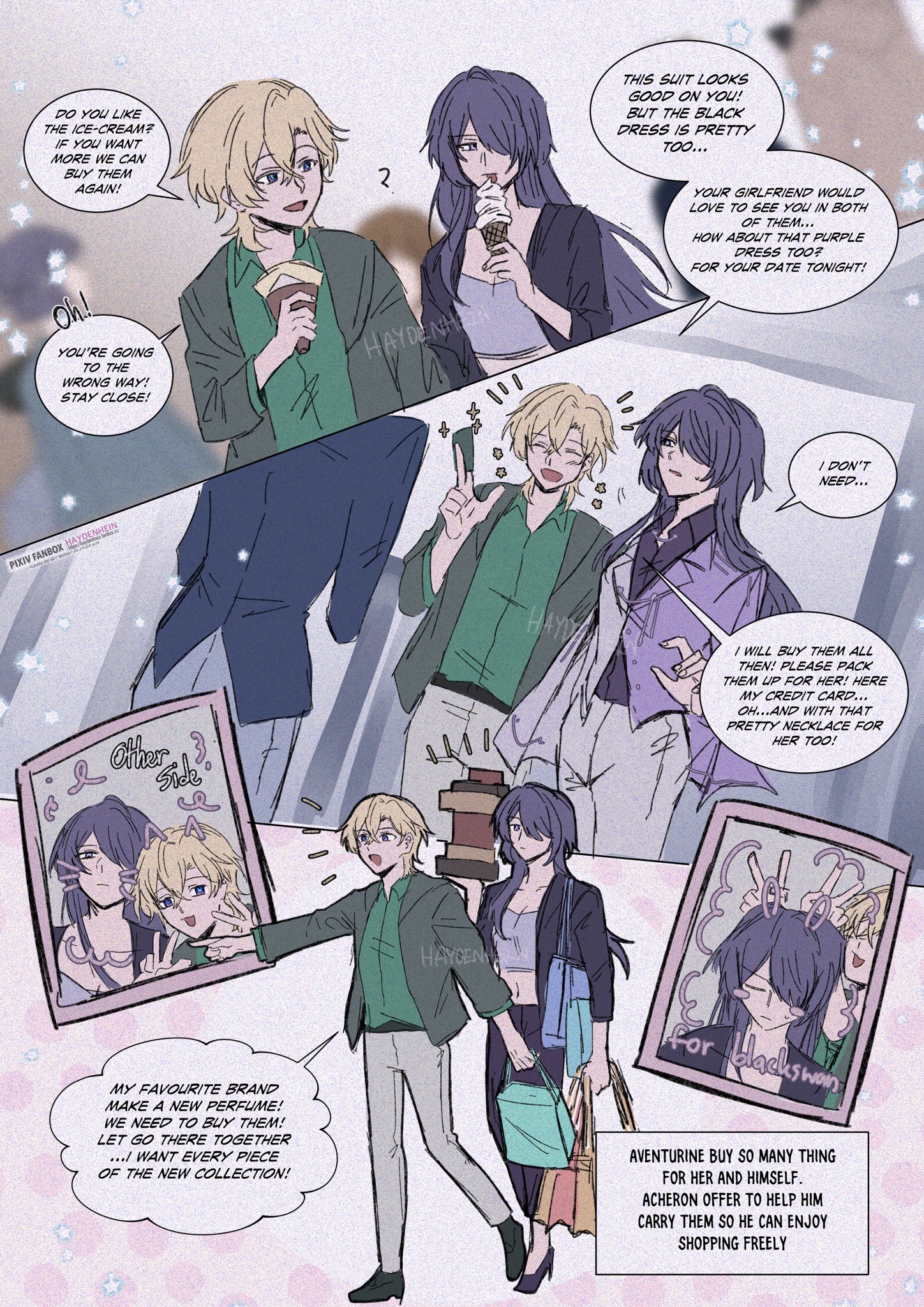 this is a comic panel of an anime couple shopping. the couple is buying gifts for each other as a present. the boyfriend wants to buy a new perfume from his favorite brand and the girlfriend wants to buy a new dress for a date. the girlfriend is happy to see that the boyfriend bought her a necklace too. the couple is shown to be in love.