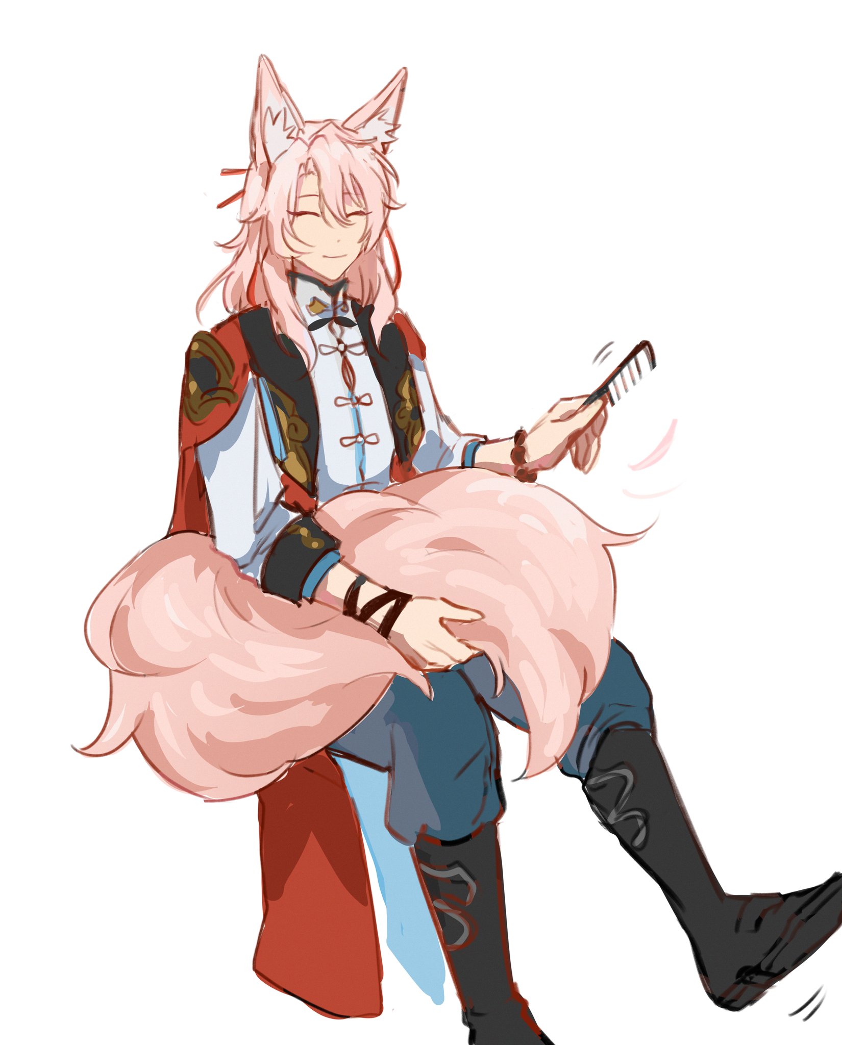 a pinkhaired, foxeared anime character, wearing a red and blue traditional chinese garment, is sitting with their legs bent and their large fluffy tail in their lap, gently combing their tail with a comb. they appear to be enjoying the grooming process.